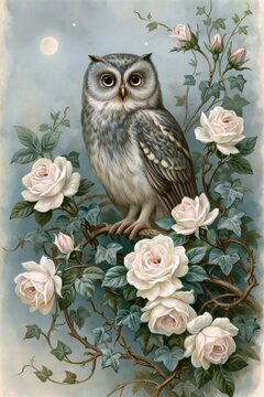 Vintage Botanical Illustration Of An Owl Perched On Climbing White Roses And Ivy Under The Moon Concept Of Nocturnal Wildlife Gothic Romance And Vintage Decor