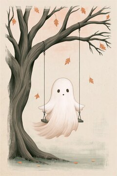 Vintage Storybook Illustration Of A Cute Small White Ghost Sitting On A Swing Attached To An Autumn Tree Branch With Falling Leaves Concept Of Cozy Friendly Halloween