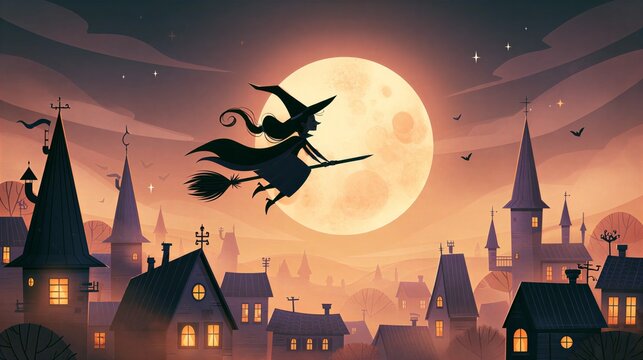 Whimsical Halloween Illustration Of A Witch Silhouette Flying On Broomstick Across Full Moon Over Magical Town Concept Of Autumn Holiday Party Banner And Sale