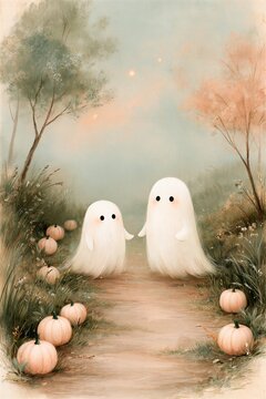 Two Cute Small White Ghosts Walking Hand In Hand On Autumn Forest Path With Pastel Pumpkins Concept Of Friendly Halloween Vintage Storybook Illustration