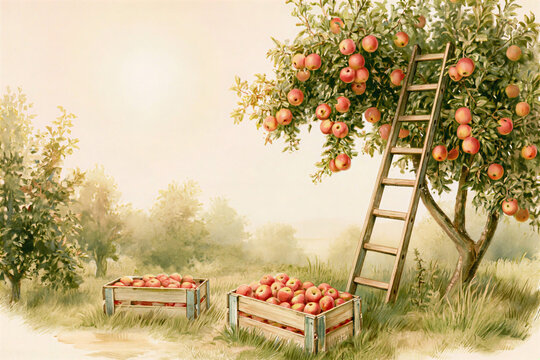 Vintage Botanical Illustration Of Apple Orchard Harvest With Red Apples On Tree Wooden Ladder And Crates Concept Of Organic Agriculture Autumn And Craft Cider