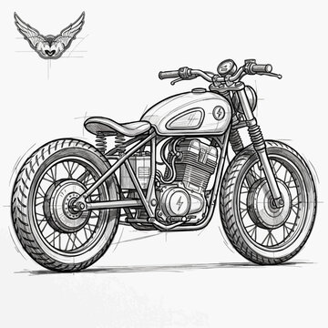 Detailed vintage style motorcycle hand drawn line art illustration on white background with motorcycle transport illustration
