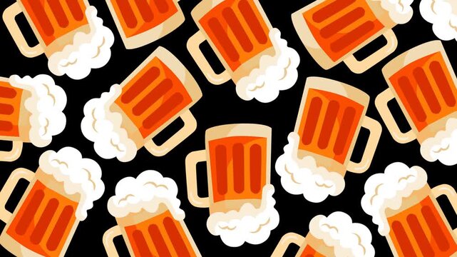 Festive animated Oktoberfest background featuring repeating beer mugs filled with frothy foam on a dark backdrop