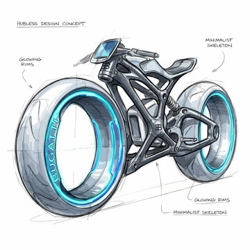 Futuristic motorcycle concept sketch with a minimalist skeletal frame and neon blue hubless wheels two wheeler motorcycle