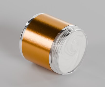 3d cosmetics jar container tub with swirled cream inside, gold label, white background