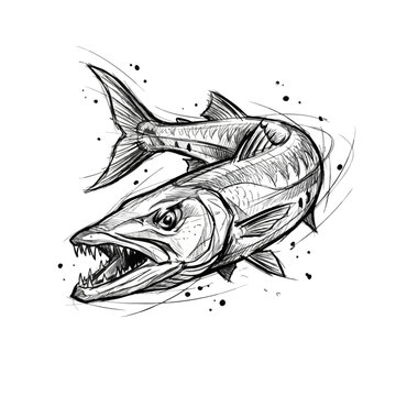 Aggressive barracuda fish illustration with sharp teeth in black and white sketch style barracuda predator wildlife monochrome