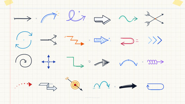 A colorful collection of hand drawn directional arrows appears on a faint grid paper background