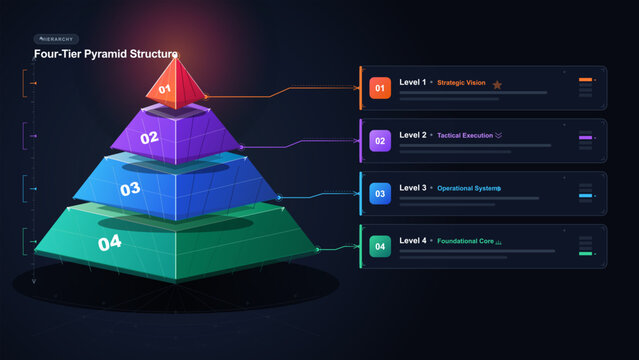 Vector infographic showing four colored pyramid tiers with strategic business level labels