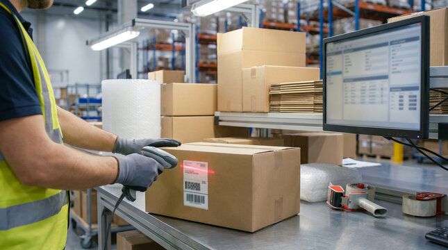 Warehouse worker scanning a cardboard package at a shipping station