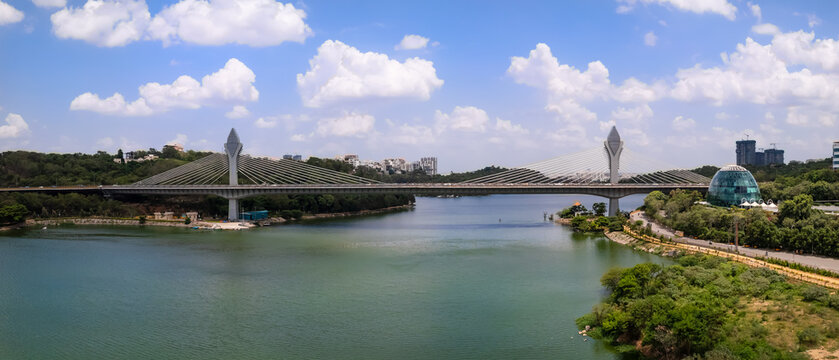 Durgam Cheruvu Cable Bridge spanning lake with cityscape