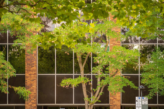 Modern Glass Office Building With Blue Reflection And Abstract Facade In Urban Architecture in England UK