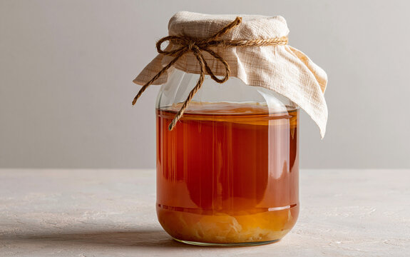 Homemade kombucha tea fermenting in a glass scoby jar
