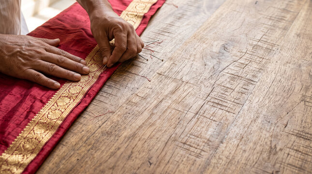 Hand Pinning Traditional Zari Border to Red Silk Choli