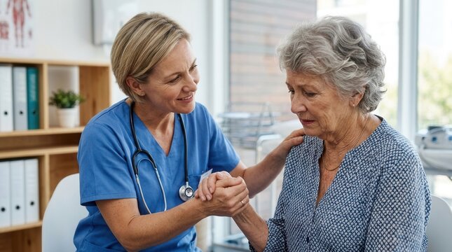 Compassionate Nurse Offering Comfort And Support To An Elderly Patient During A Consult