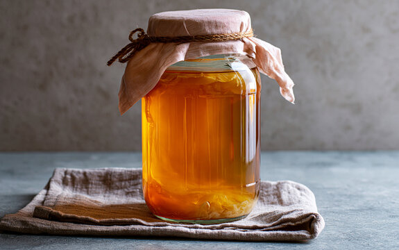 Homemade kombucha tea fermenting in a glass scoby jar