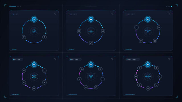 Six dark interface panels display circular workflow diagrams with arrows and icons