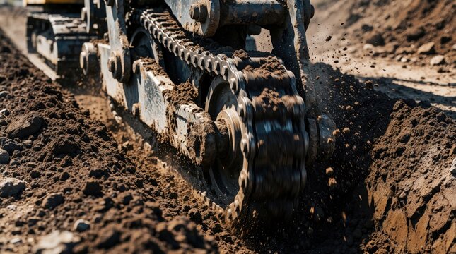 Heavy duty trencher machine digs narrow trench in dark soil. Industrial construction equipment uses metal chain, teeth to excavate ground for utility lines. Powerful machinery performs earthworks at