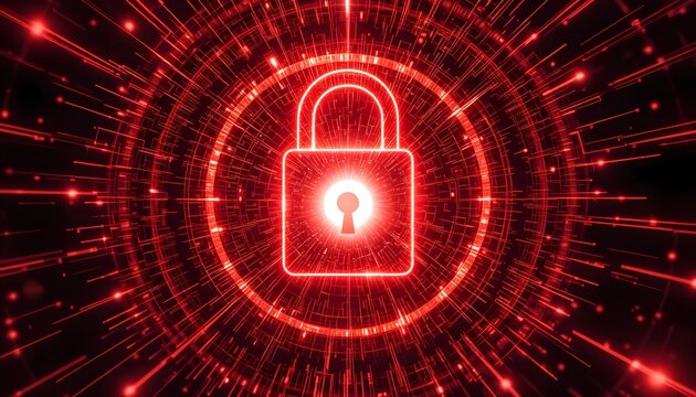 cyber security red warning padlock icon glowing in abstract technology circuit background data protection