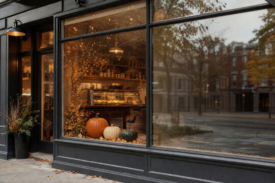 Halloween Decorated Caf&eacute; Storefront With Warm Autumn Window Display and Clear Copy Space for Seasonal Promotion