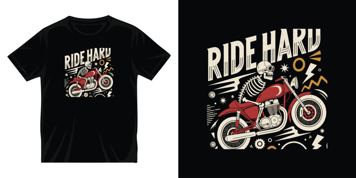 Ride hard retro biker t shirt design featuring a fast riding skeleton on a classic red motorcycle with comic book style dynamic elements.