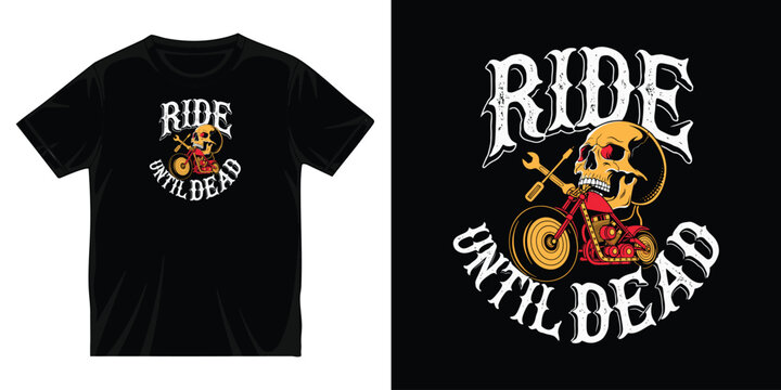 Ride until dead vintage biker t shirt design featuring a huge golden skull holding a wrench while biting a classic red chopper motorcycle.