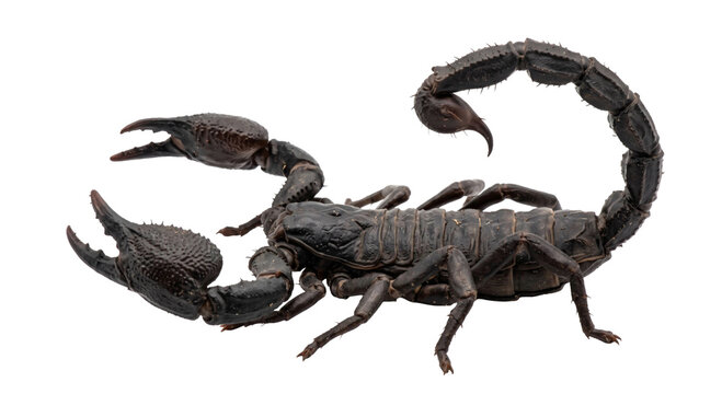 A detailed side view of a black emperor scorpion isolated against a clean white background