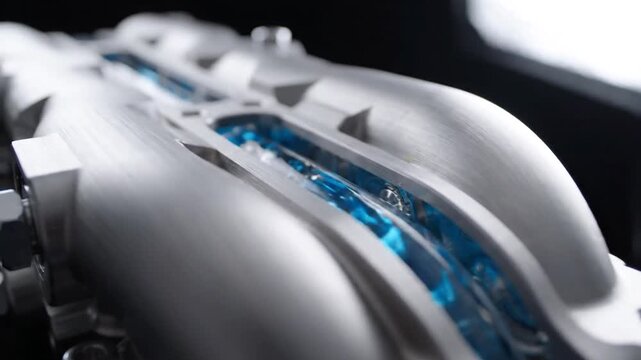 Machined Titanium Cooling Manifold with Blue Fluid Flow