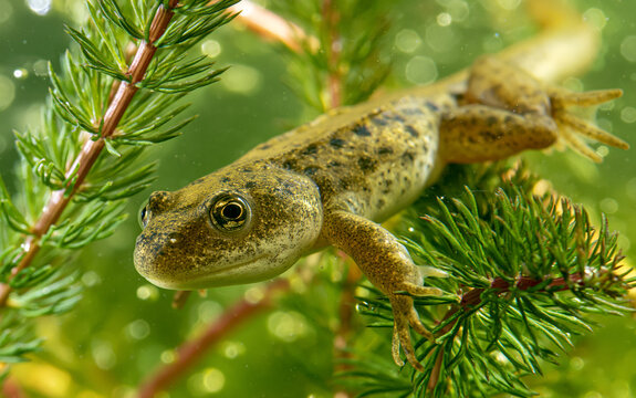 Rana ridibunda tadpole in pond water among aquatic grass