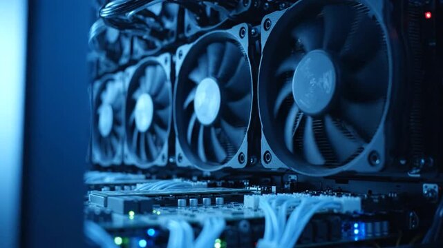 Rows of Cooling Fans Inside Server Equipment with Blue Lights