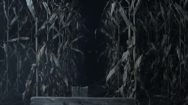 Spooky Halloween Sign in a Dark Foggy Cornfield with Glowing Eyes Lurking in the Shadows