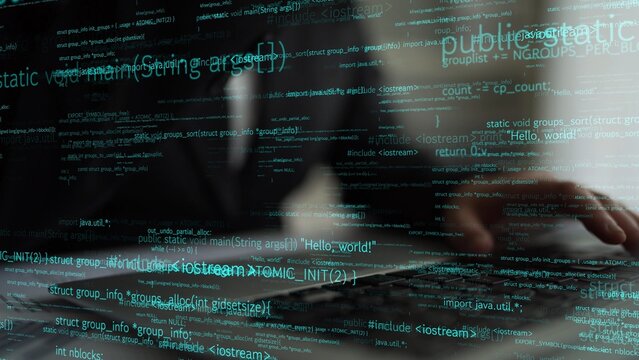 A programmer is engaged in coding on a laptop, surrounded by a digital interface displaying glowing lines of code, illustrating the essence of modern technology and innovation. Xenic