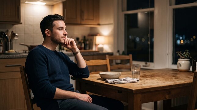 Man sitting alone at a kitchen table at night looking thoughtful