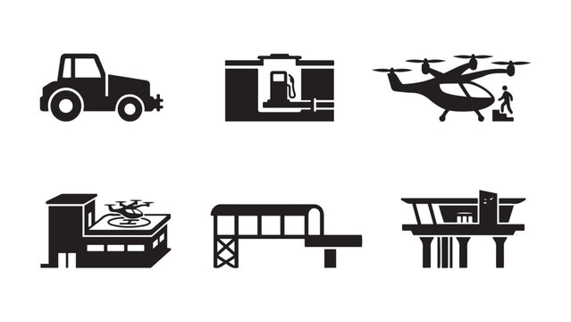Set of modern airport and urban aviation infrastructure icons