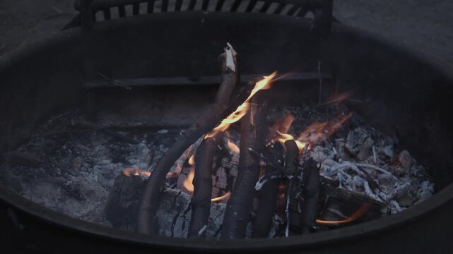 Burning Campfire, Blue hour, Darkness, Cinematic 4k, Stoking fire Smoke, Burning wood