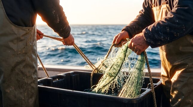 Commercial fishermen hauling a heavy green fishing net into a crate on a boat deck at sunrise