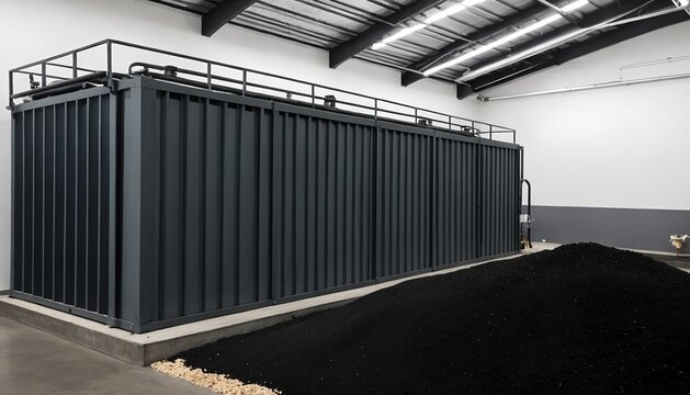 Industrial biochar production facility with pyrolysis processing tanks