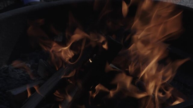 Burning Campfire, Blue hour, Darkness, Cinematic 4k, Stoking fire Smoke, Burning wood
