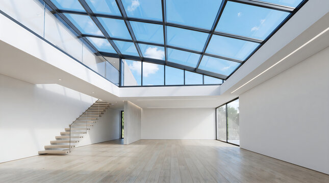 Modern luxury empty open plan interior space with glass sloped atrium roof and staircase luxury home contemporary