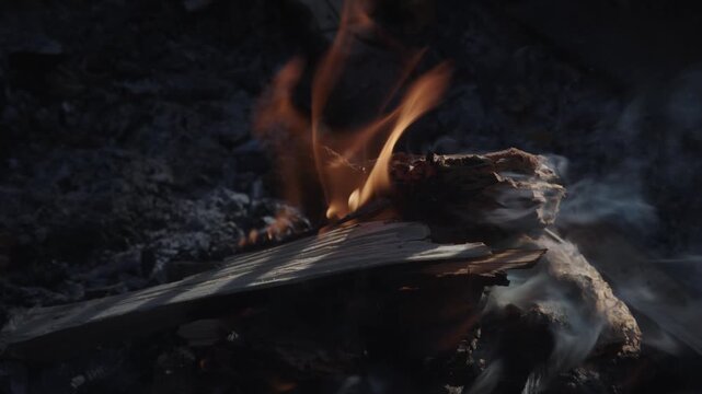Burning Campfire, Blue hour, Darkness, Cinematic 4k, Stoking fire Smoke, Burning wood