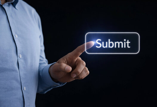 A person in a blue shirt pressing a glowing virtual submit button on a dark background, representing digital interaction and user interface design