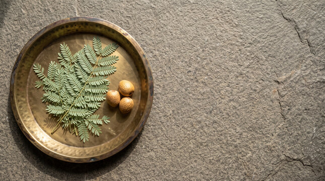 Sacred Shami Foliage in Hand-Beaten Brass Plate for Dussehra