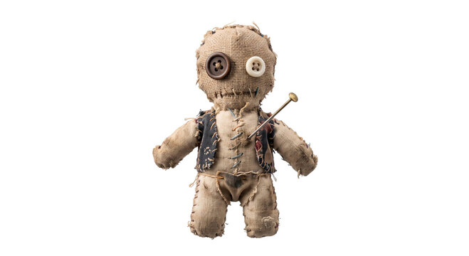 Handmade voodoo doll with button eyes and a metal pin isolated on a clean white background