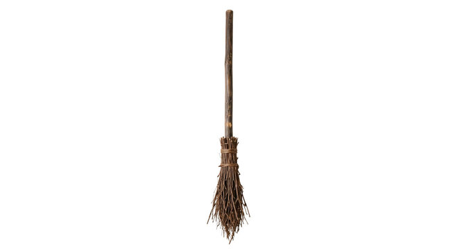 Rustic wooden witch broomstick isolated on a clean white background for seasonal decoration