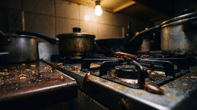 Close-up of German cockroaches crawling on a dirty kitchen countertop
