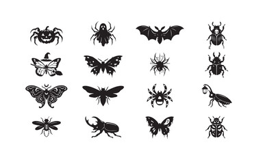Fototapeta premium Mystical insect and arachnid silhouette set highlights decorative moths spiders and gothic beetles.