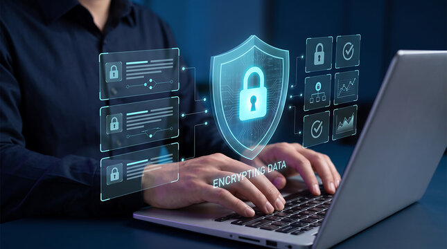 Digital information security concept featuring data encryption, protected networks, secure access, and enterprise cyber defense