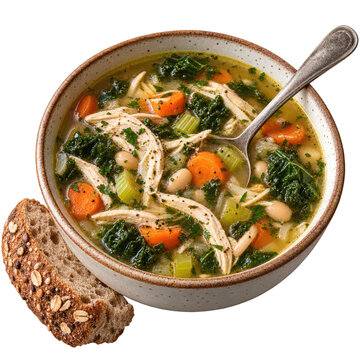 A bowl of hearty chicken soup with shredded chicken, carrots, celery, white beans, and leafy greens, served with a slice of multigrain bread and a spoon inside the bowl.