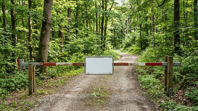 Blocked Forest Path With Barrier Gate And Blank Sign