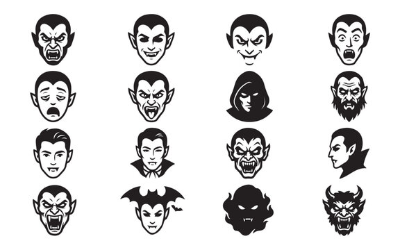 Collection of detailed vampire facial silhouettes in black for dark gothic theme graphic design art.