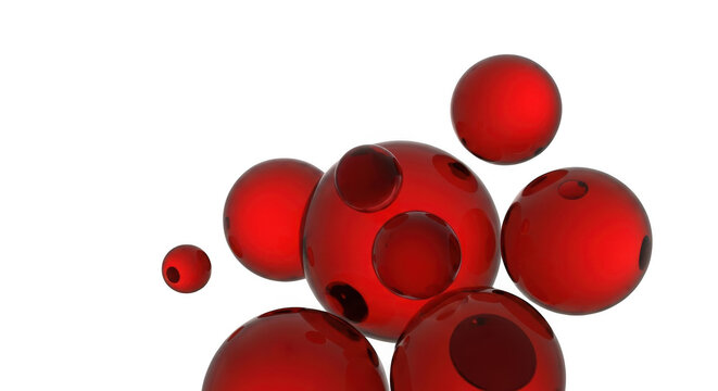 Floating red translucent glass spheres isolated on transparent background